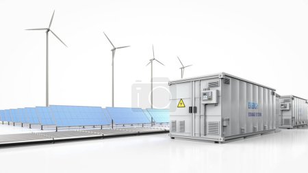 Photo for 3d rendering amount of energy storage systems or battery container units with solar and turbine farm - Royalty Free Image