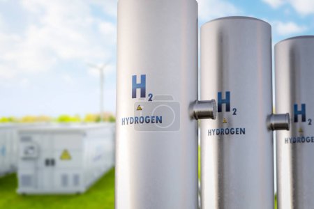 Foto de 3d renderizado tubería de hidrógeno de metal con campo verde y fondo de cielo azul - Imagen libre de derechos