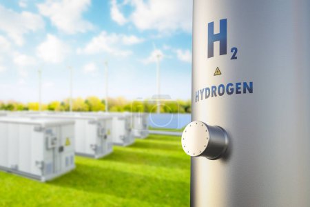 Foto de 3d renderizado tubería de hidrógeno de metal con campo verde y fondo de cielo azul - Imagen libre de derechos