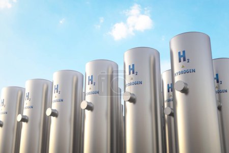 Foto de 3d representación cantidad de tuberías de hidrógeno de metal con fondo de cielo azul - Imagen libre de derechos