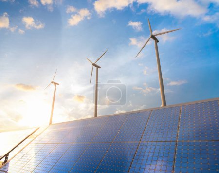 Foto de Concepto de energía alternativa con turbinas eólicas 3D y paneles solares contra el cielo azul - Imagen libre de derechos