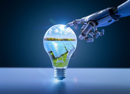 Téléchargez les photos : Développement énergétique durable grâce à la technologie intelligente avec robot de rendu 3d avec panneau solaire dans l'ampoule d'idée - en image libre de droit