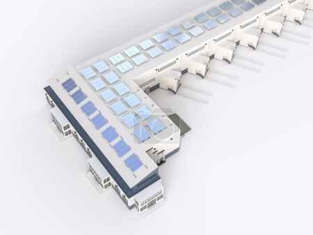 Foto de 3d representación de paneles solares en el almacén o techo de fábrica para uso industrial - Imagen libre de derechos