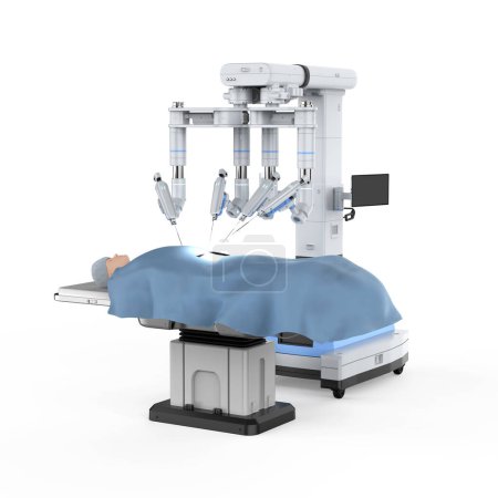 Foto de 3d renderizado cirugía asistida robótica con paciente maniquí aislado en blanco - Imagen libre de derechos