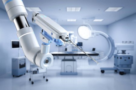 Téléchargez les photos : Machine de chirurgie assistée robotisée de rendu 3d en salle d'opération - en image libre de droit
