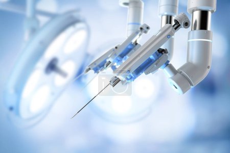 Téléchargez les photos : Machine de chirurgie assistée robotisée de rendu 3d avec des lumières de chirurgie - en image libre de droit