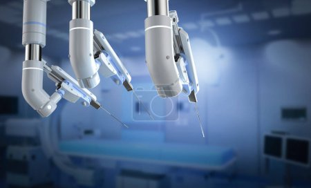 Foto de 3d renderizado máquina de cirugía asistida robótica en quirófano - Imagen libre de derechos