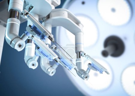 Téléchargez les photos : Machine de chirurgie assistée robotisée de rendu 3d avec des lumières de chirurgie - en image libre de droit
