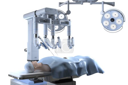 Foto de 3d renderizado cirugía asistida robótica con paciente ficticio en quirófano - Imagen libre de derechos