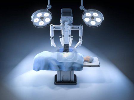 Téléchargez les photos : Chirurgie assistée robotisée de rendu 3d avec patient fictif en salle d'opération - en image libre de droit