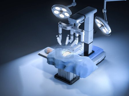 Foto de 3d renderizado cirugía asistida robótica con paciente ficticio en quirófano - Imagen libre de derechos