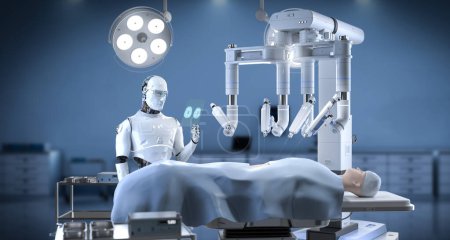 Foto de Concepto de tecnología médica con robot médico de renderizado 3D con cirugía asistida robótica en quirófano - Imagen libre de derechos