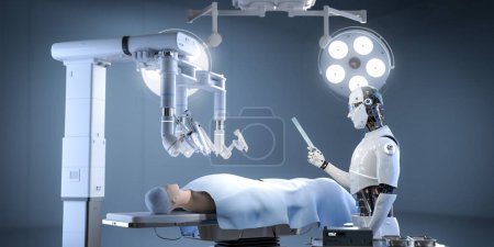 Foto de Concepto de tecnología médica con robot médico de renderizado 3D con cirugía asistida robótica en quirófano - Imagen libre de derechos