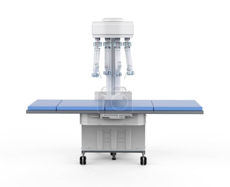 Téléchargez les photos : 3d rendant robotique chirurgie assistée avec lit vide sur fond blanc - en image libre de droit