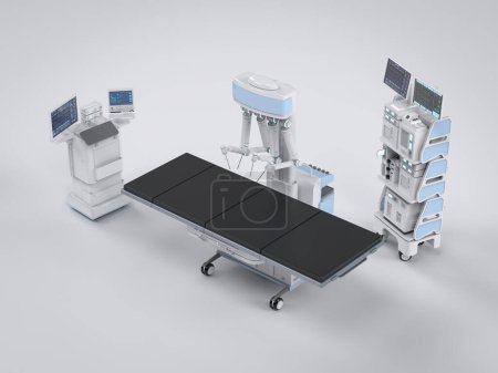 Téléchargez les photos : 3d rendant robotique chirurgie assistée avec lit vide sur fond blanc - en image libre de droit