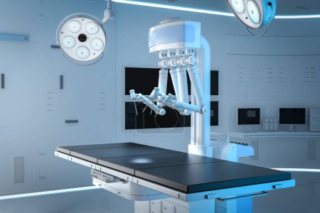 Foto de 3d renderizado cirugía asistida robótica con cama vacía en el quirófano - Imagen libre de derechos