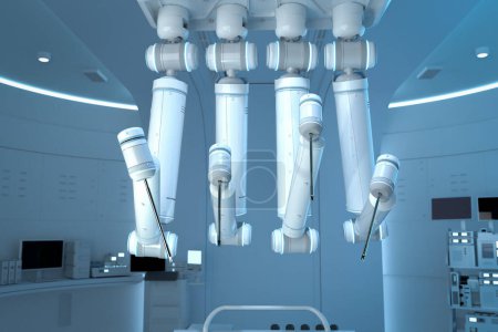 Foto de 3D rendering close up cirugía asistida robótica en la sala de cirugía - Imagen libre de derechos