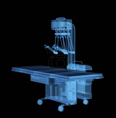 Téléchargez les photos : Chirurgie assistée robotisée par radiographie 3D avec lit vide isolé sur noir - en image libre de droit