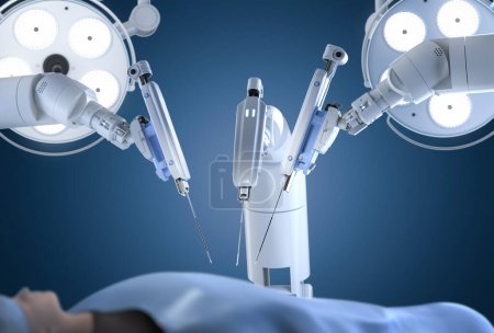 Foto de Tecnología médica con cirugía asistida robótica de renderizado 3D con modelo de maqueta en quirófano - Imagen libre de derechos