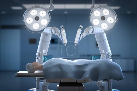 Foto de Tecnología médica con cirugía asistida robótica de renderizado 3D con modelo de maqueta en quirófano - Imagen libre de derechos