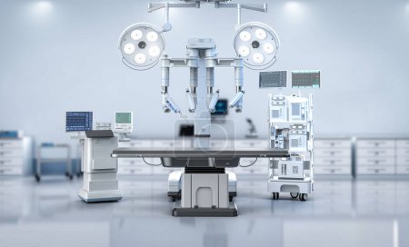Foto de Tecnología médica con cirugía asistida robótica de renderizado 3D en quirófano - Imagen libre de derechos
