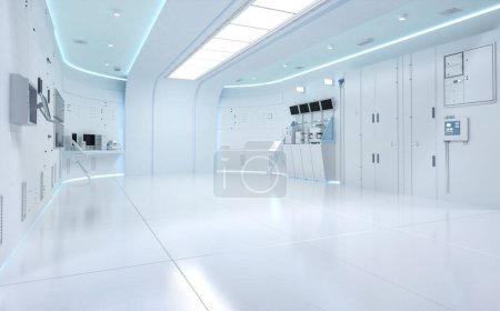 Foto de 3d renderizado blanco futurista hospital laboratorio interior con máquina y suministros médicos - Imagen libre de derechos