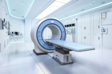 Hospital radiology room with 3d rendering mri scanner machine