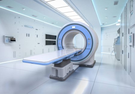 Salle de radiologie de l'hôpital avec machine à scanner IRM à rendu 3d