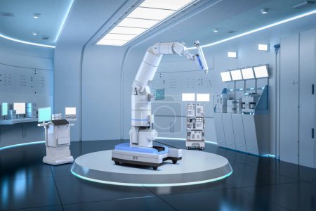 Foto de Tecnología médica con cirugía asistida robótica de renderizado 3D en quirófano - Imagen libre de derechos