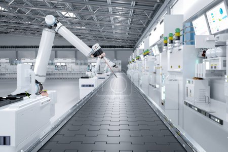 Foto de Concepto de industria de automatización con línea de montaje de robot de renderizado 3D y cinta transportadora vacía en fábrica - Imagen libre de derechos