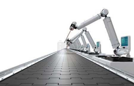 Téléchargez les photos : Concept de l'industrie de l'automatisation avec chaîne de montage de robot de rendu 3d et bande transporteuse vide en usine - en image libre de droit