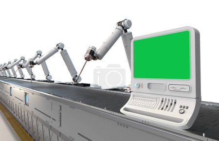 Foto de Concepto de fábrica de automatización con panel de control de pantalla vacía de renderizado 3D y brazos robóticos - Imagen libre de derechos