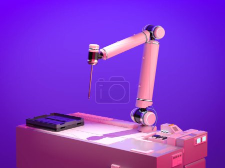 Téléchargez les photos : Module de bras robotique fluorescent de rendu 3d sur fond violet - en image libre de droit