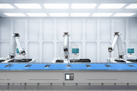 Téléchargez les photos : Ligne d'assemblage de robot de rendu 3d avec smartphone en usine - en image libre de droit