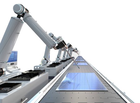 Foto de Industria de automatización con línea de montaje de robot de renderizado 3D en fábrica de paneles solares aislados - Imagen libre de derechos