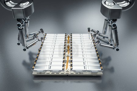 Foto de Fabricación de baterías de automatización con renderizado 3D batería de coche eléctrico o paquete de módulo de celdas de batería producido por brazos robóticos - Imagen libre de derechos