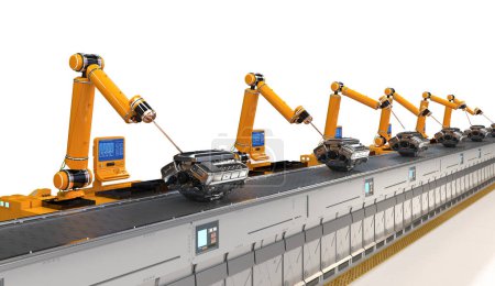Téléchargez les photos : Concept d'usine automobile d'automatisation avec la chaîne d'assemblage de robot de rendu 3D avec le moteur ou la machine de voiture dans l'usine - en image libre de droit