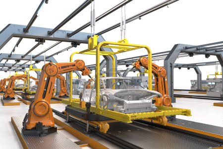 Foto de Automatización fábrica de automóviles con 3d renderizado robot línea de montaje fabricación ev coche - Imagen libre de derechos