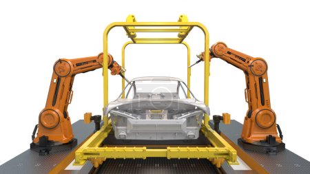 Foto de Automatización fábrica de automóviles con 3d renderizado robot línea de montaje fabricación ev coche sobre fondo blanco - Imagen libre de derechos