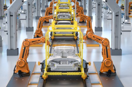 Automation automobile factory with 3d rendering robot assembly line manufacture ev car