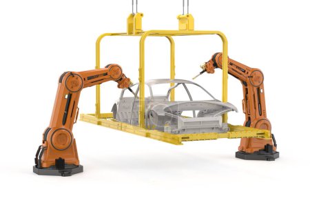 Téléchargez les photos : Automatisation usine automobile avec 3d rendu robot chaîne de montage fabrication ev voiture sur fond blanc - en image libre de droit