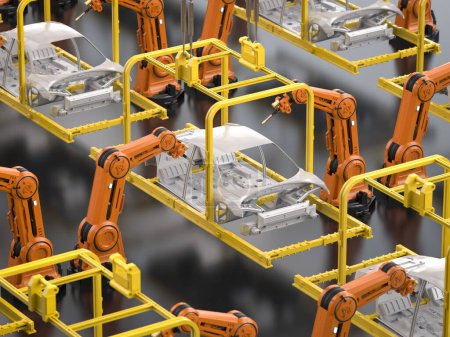 Téléchargez les photos : Automatisation usine automobile avec ligne d'assemblage de robot de rendu 3d fabrication ev voiture - en image libre de droit