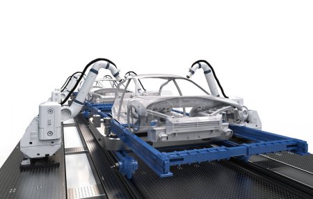 Automatisierung Automobilfabrik mit 3D-Rendering-Roboter-Airbrushmalerei in Automobilfabrik auf weißem Hintergrund