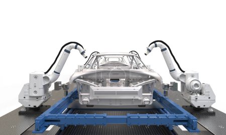 Téléchargez les photos : Automatisation usine automobile avec rendu 3D robot aérographe peinture dans l'usine automobile sur fond blanc - en image libre de droit