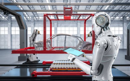 Foto de Automatización concepto de fábrica de automóviles con 3d renderizado robot línea de montaje en fábrica de automóviles - Imagen libre de derechos
