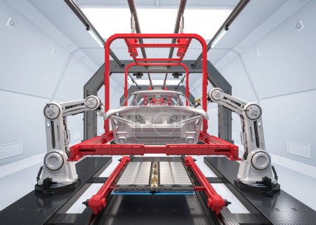 Foto de Automatización fábrica de automóviles con 3d renderizado robot línea de montaje fabricación ev coche - Imagen libre de derechos