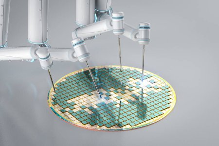 Foto de Fabricación de semiconductores con brazos robóticos de renderizado 3D con obleas de silicio - Imagen libre de derechos