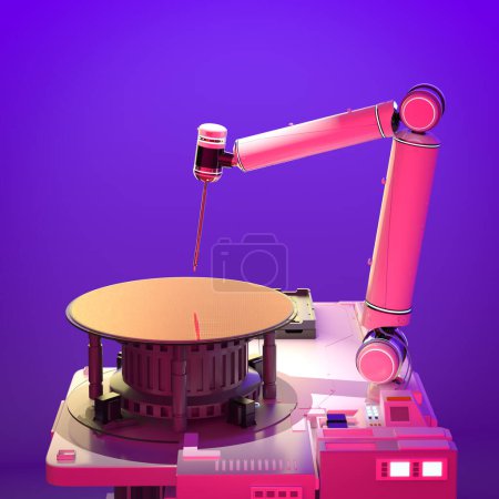 Foto de Fabricación de semiconductores con brazos robóticos 3D con obleas de silicio sobre fondo de luz de neón - Imagen libre de derechos