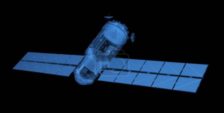 Téléchargez les photos : Antenne parabolique de rendu 3d avec rayons X du panneau solaire ou balayage en bleu transparent isolé sur fond noir - en image libre de droit