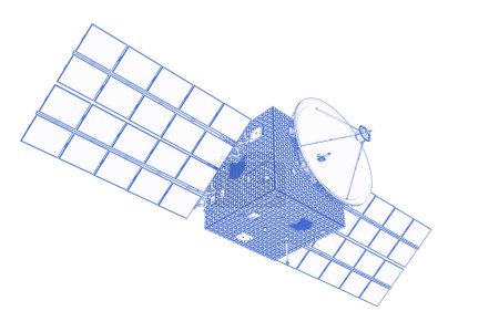 Téléchargez les photos : Parabole de rendu 3d bleu avec panneau solaire isolé sur fond blanc - en image libre de droit